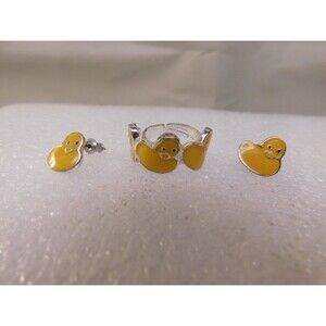 Hand Crafted Enamel Ducks Chicks Bird Earrings Ring Set Design Ring